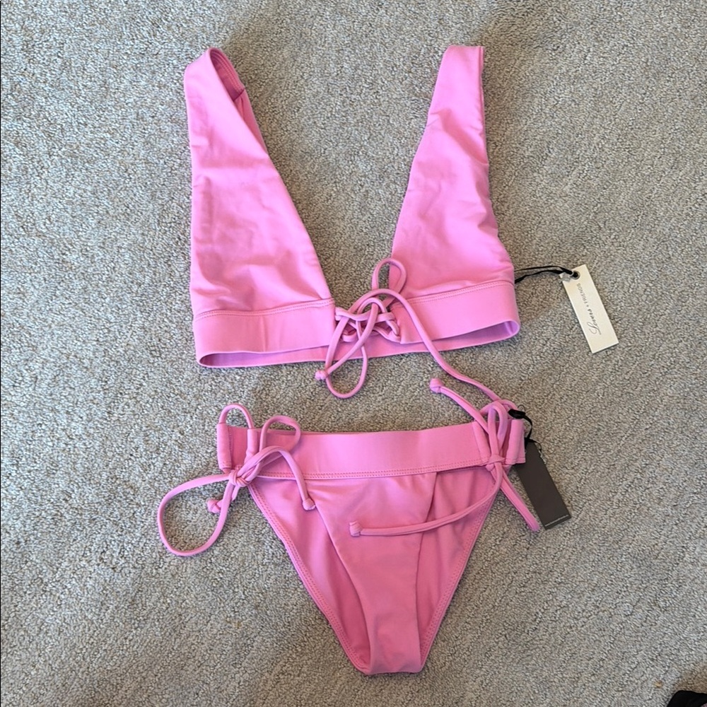 Lovers + Friends Pink Lace-Up Bikini Set